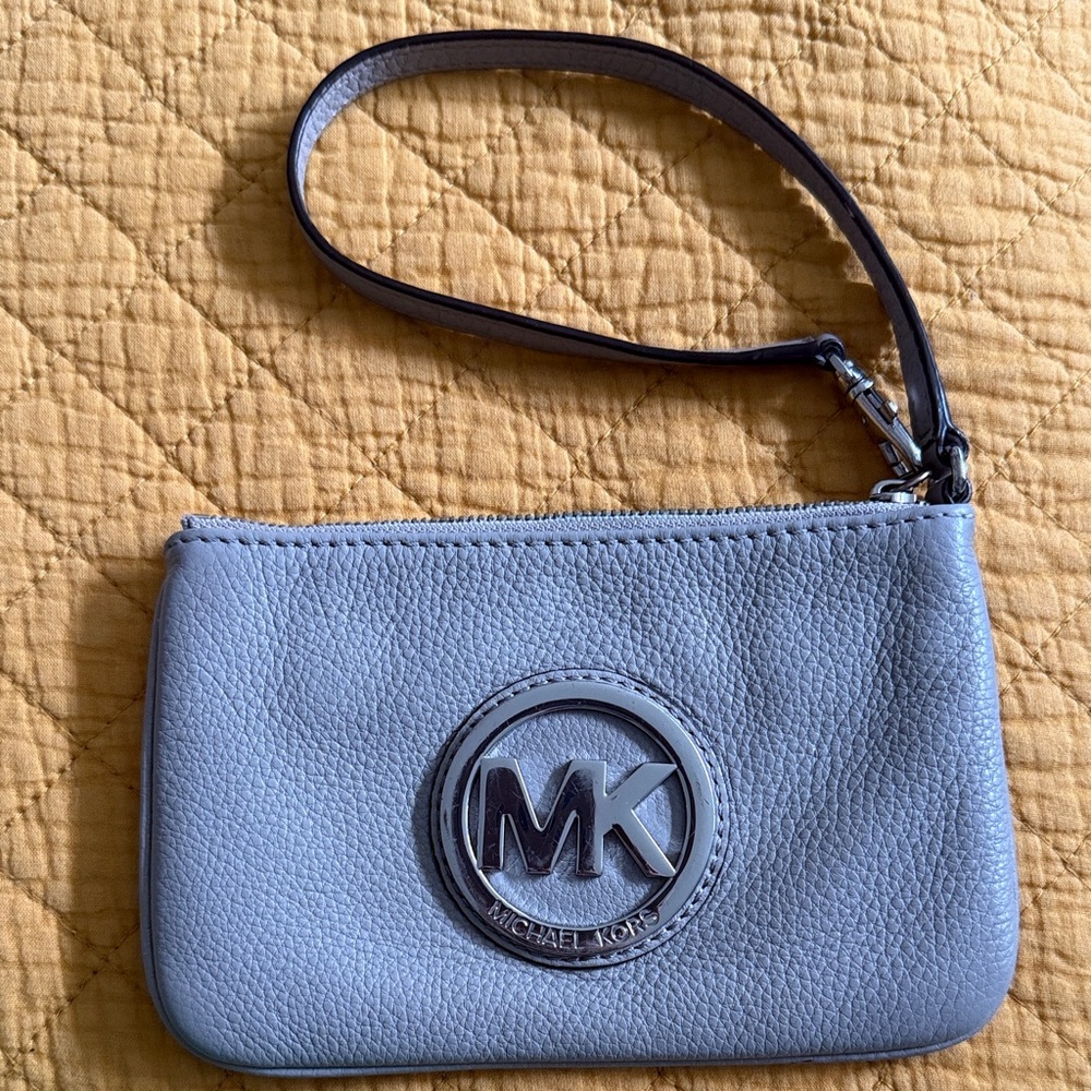 Michael Kors Light Gray Pebbled Leather Wristlet with MK Logo